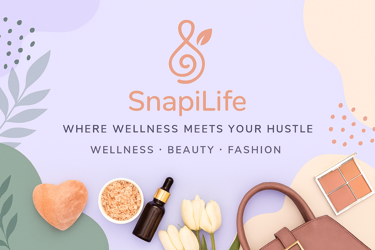 SnapiLife brand banner with wellness products and branding elements on a light purple background.